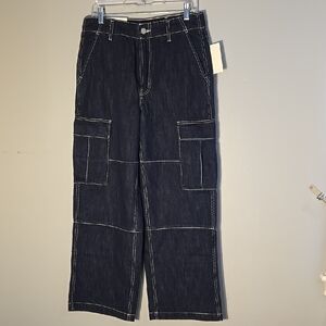 Oak + Fort Dark Blue Mid-Rise Long Length Organic Cotton Cargo Jeans Size 28